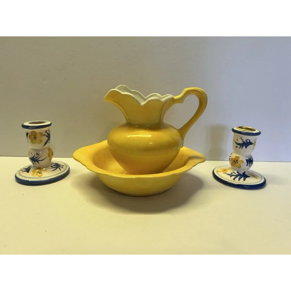 Vintage Pitcher Wash Basin Matching Bowl Set Yellow And Hand Panted Candlesticks